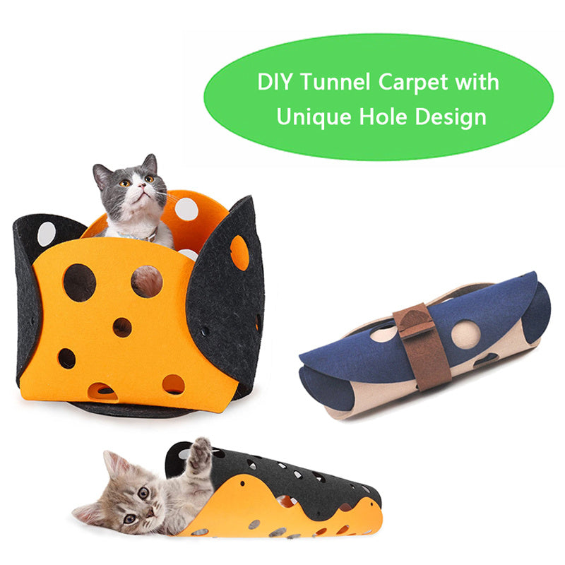 【変形できる猫用トンネル&ハウス】フェルト製ポンポン付きおもちゃ|折りたたみ可能|インタラクティブな遊び&くつろぎ空間に|子猫にもおすすめ