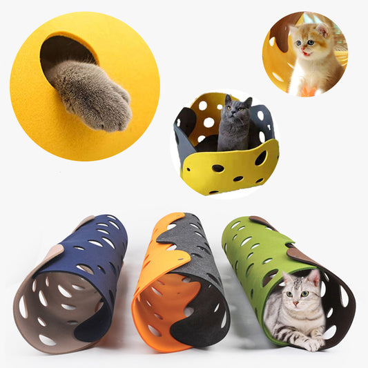 【変形できる猫用トンネル＆ハウス】フェルト製ポンポン付きおもちゃ｜折りたたみ可能｜インタラクティブな遊び＆くつろぎ空間に｜子猫にもおすすめ