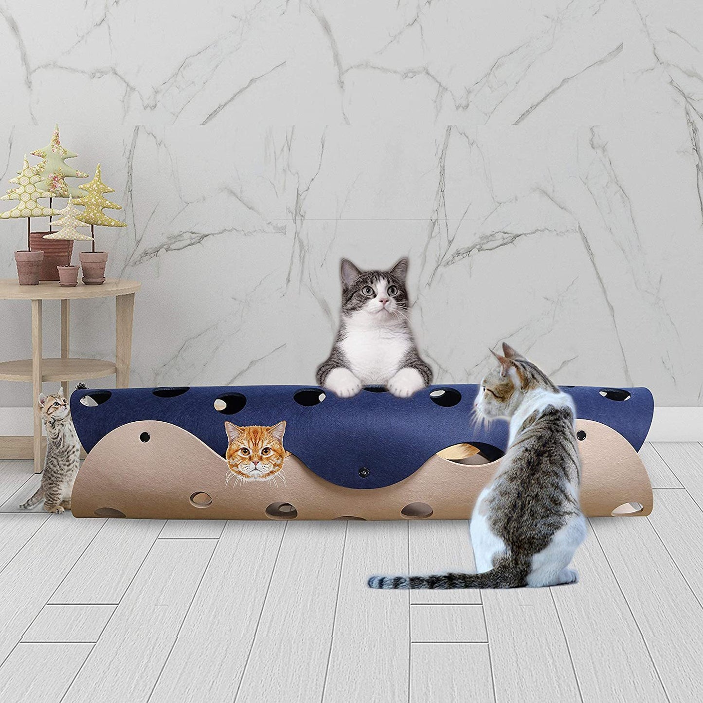 【変形できる猫用トンネル＆ハウス】フェルト製ポンポン付きおもちゃ｜折りたたみ可能｜インタラクティブな遊び＆くつろぎ空間に｜子猫にもおすすめ